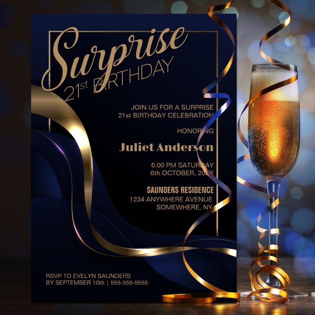 Surprise 21st Birthday Blue Gold Party Invitation (Creator Uploaded)