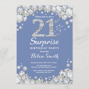 Surprise 21st Birthday Blue Silver Diamond Invitation