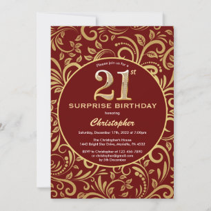 Surprise 21st Birthday Burgundy Red & Gold Floral Invitation