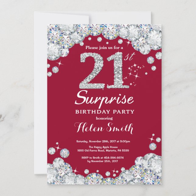 Surprise 21st Birthday Burgundy Red Silver Diamond Invitation (Front)
