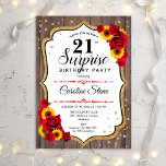 Surprise 21st Birthday - Gold White Red Invitation<br><div class="desc">Surprise 21st Birthday Invitation.
Feminine rustic black,  white,  red design with faux glitter gold. Features wood pattern,  red roses,  sunflowers,  script font and confetti. Perfect for an elegant birthday party. Can be personalized to show any age. Message me if you need further customization.</div>