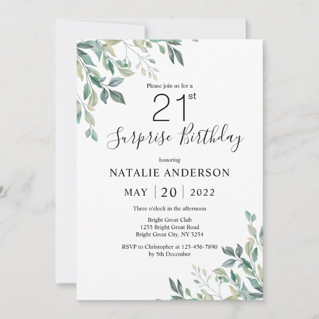 Surprise 21st Birthday Green Eucalyptus Greenery Invitation (Front)