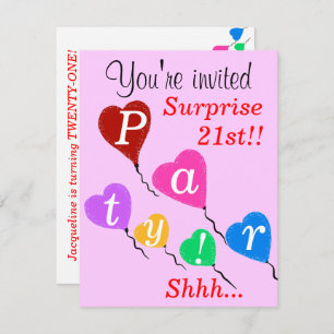 Surprise 21st Birthday Heart Balloons Invitations