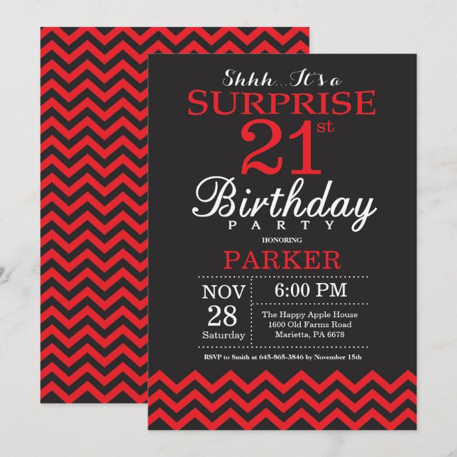 Surprise 21st Birthday Invitation Black and Red (Front/Back)