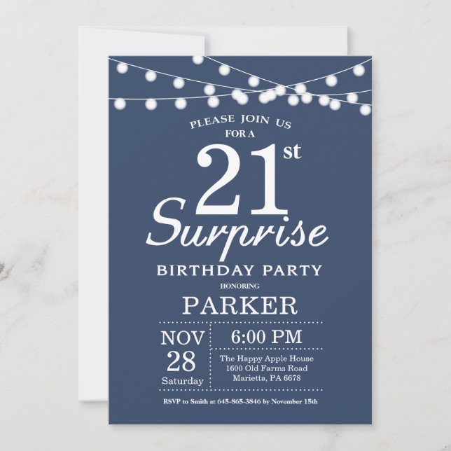 Surprise 21st Birthday Invitation Blue (Front)