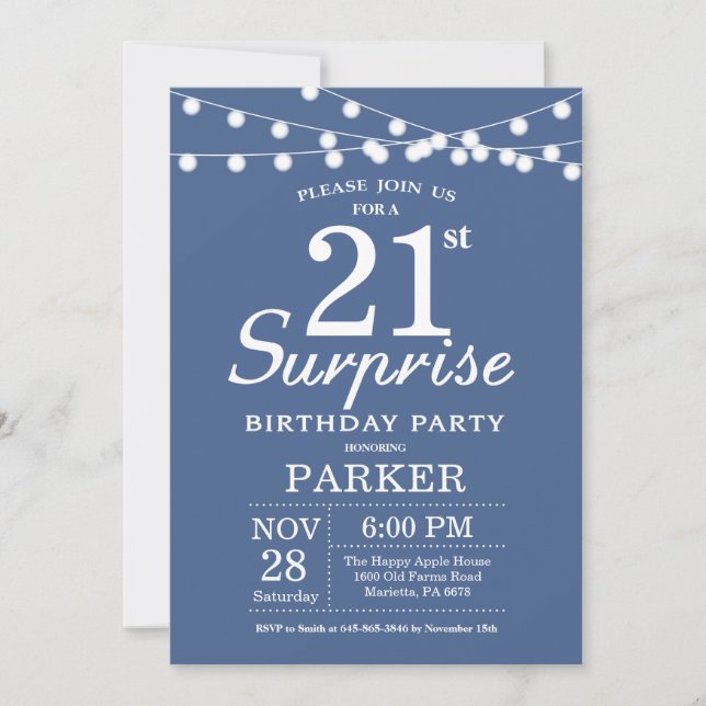 Surprise 21st Birthday Invitation Blue (Front)