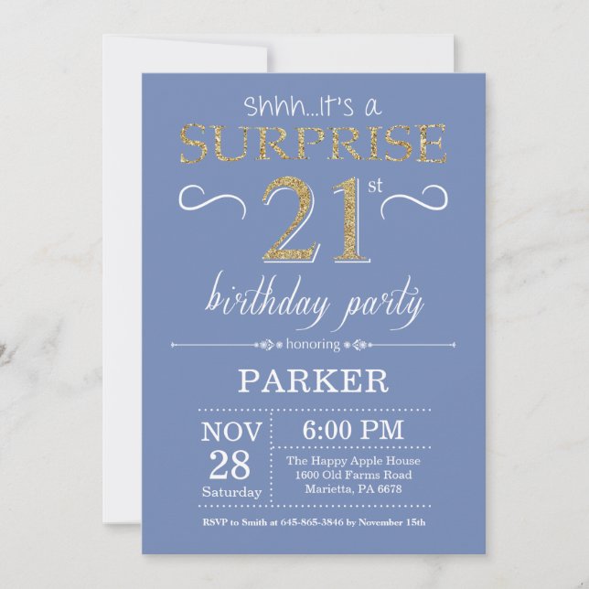 Surprise 21st Birthday Invitation Blue and Gold (Front)