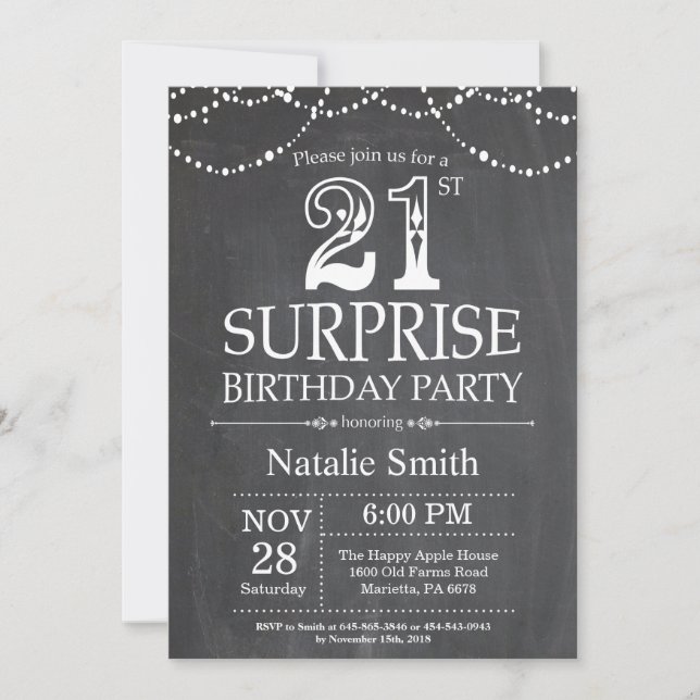 Surprise 21st Birthday Invitation Chalkboard (Front)