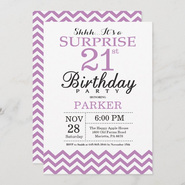 Surprise 21st Birthday Invitation Purple Chevron (Front/Back)