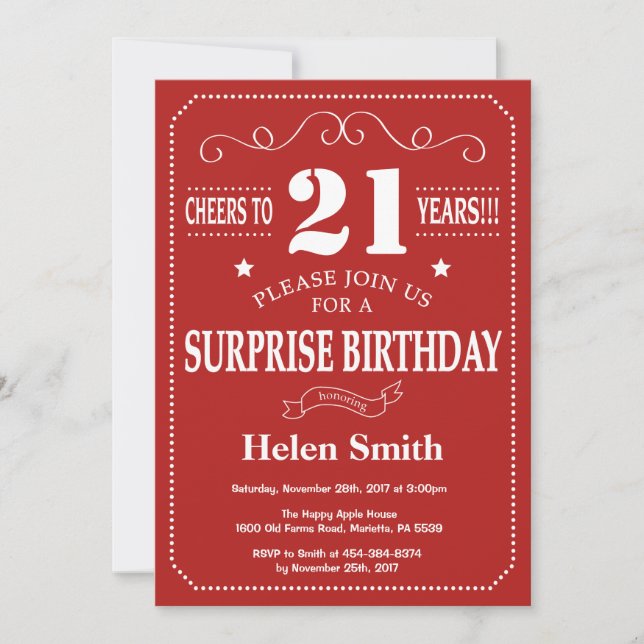 Surprise 21st Birthday Invitation Red and White (Front)