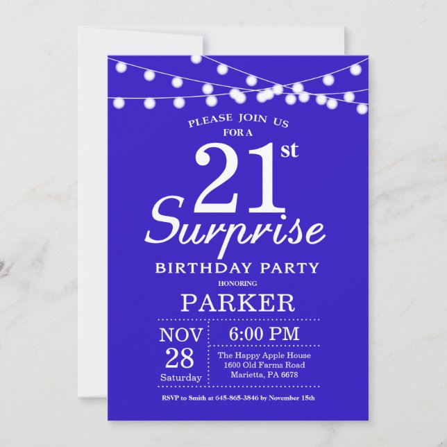 Surprise 21st Birthday Invitation Royal Blue (Front)