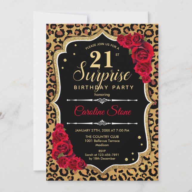 Surprise 21st Birthday - Leopard Black Gold Red Invitation (Front)