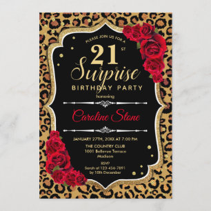 Surprise 21st Birthday - Leopard Black Gold Red Invitation