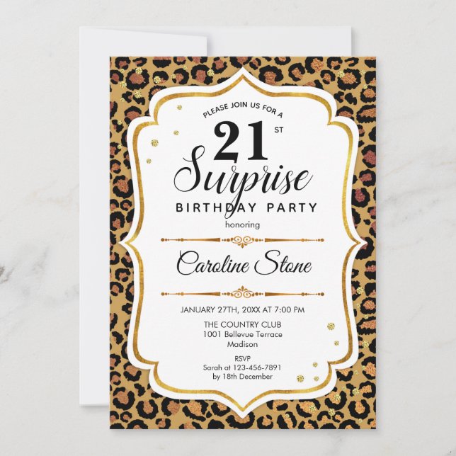 Surprise 21st Birthday - Leopard Gold White Invitation (Front)