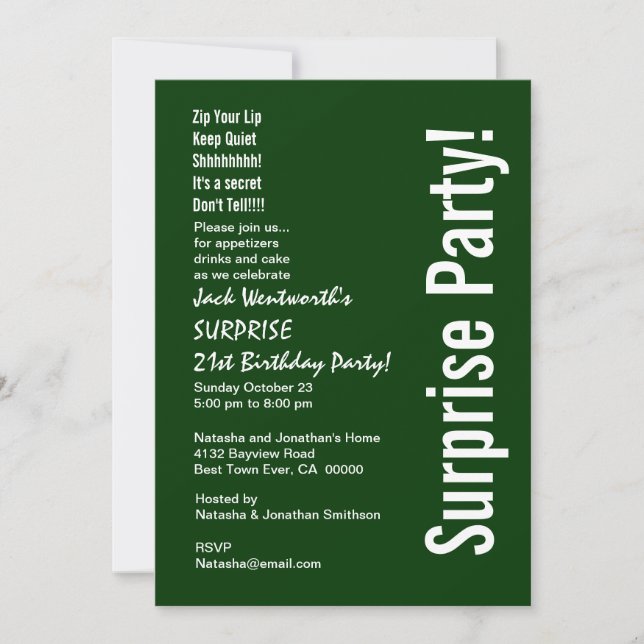 SURPRISE 21st Birthday Modern Green and White Invitation (Front)