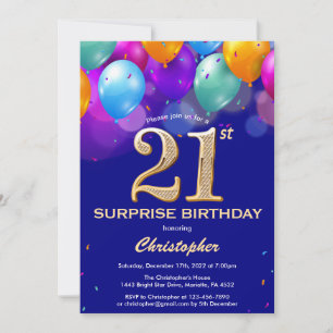 Surprise 21st Birthday Navy Blue and Gold Balloons Invitation