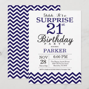 Surprise 21st Birthday Navy Blue Chevron Invitation