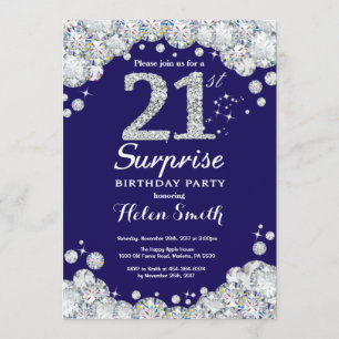 Surprise 21st Birthday Navy Blue Silver Diamond Invitation