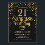 Surprise 21st Birthday Party - Black & Gold Invitation<br><div class="desc">Surprise 21st Birthday Party Invitation.
Elegant design in black and faux glitter gold. Features stylish script font and confetti. Message me if you need custom age.</div>