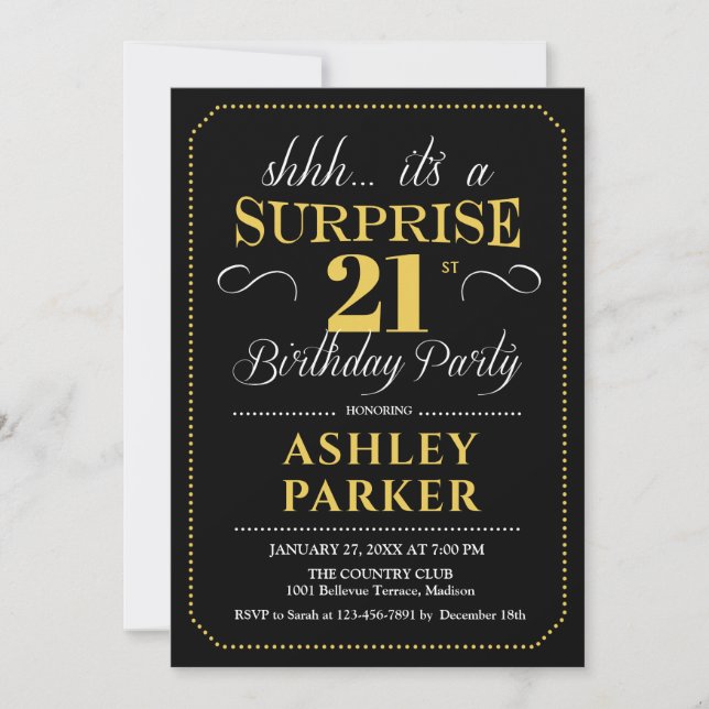 Surprise 21st Birthday Party - Black Gold Invitation (Front)