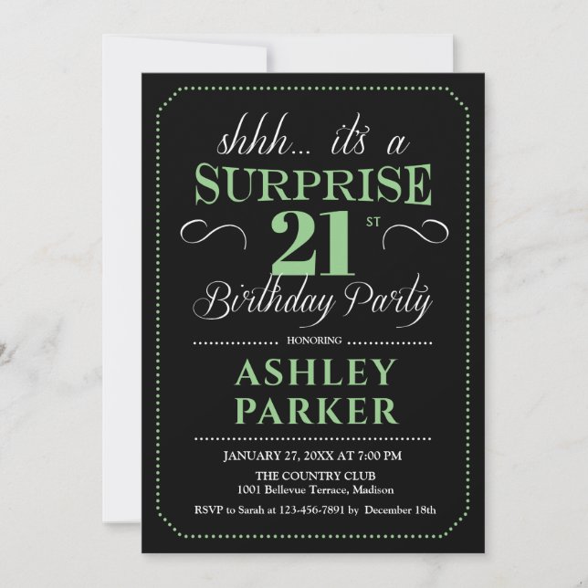 Surprise 21st Birthday Party - Black Green Invitation (Front)