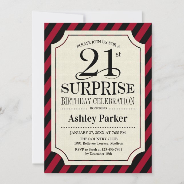 Surprise 21st Birthday Party - Black Red Stripes Invitation (Front)
