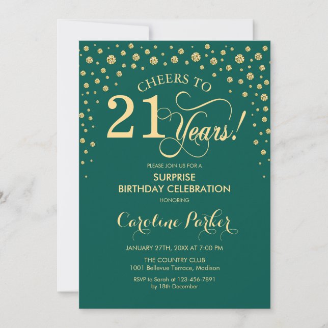 Surprise 21st Birthday Party - Emerald Green Gold Invitation (Front)