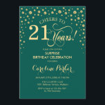 Surprise 21st Birthday Party - Emerald Green Gold Invitation<br><div class="desc">Surprise 21st Birthday Party Invitation.
Elegant design in emerald green and faux glitter gold. Features script font and diamonds confetti. Cheers to 21 Years! Message me if you need further customization.</div>