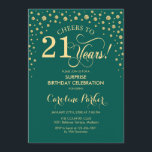 Surprise 21st Birthday Party - Emerald Green Gold Invitation<br><div class="desc">Surprise 21st Birthday Party Invitation.
Elegant design in emerald green and faux glitter gold. Features script font and diamonds confetti. Cheers to 21 Years! Message me if you need further customization.</div>
