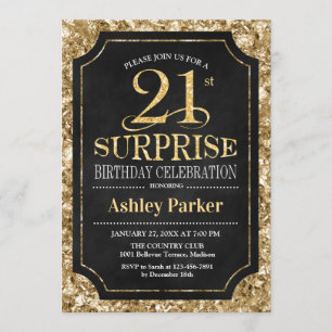 Surprise 21st Birthday Party - Gold Black Invitation