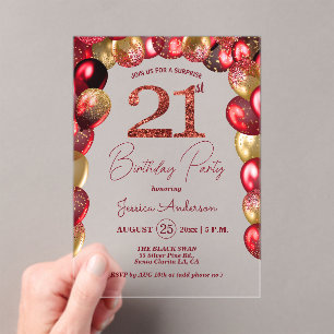 Surprise 21st Birthday Party Gold Burgundy Glitter Acrylic Invitations