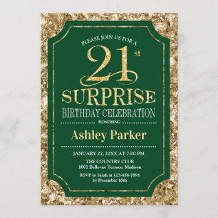 Surprise 21st Birthday Party - Gold Green Invitation
