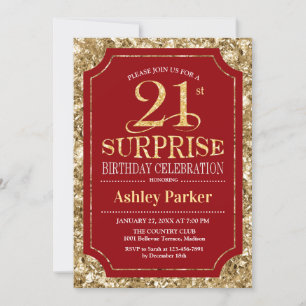 Surprise 21st Birthday Party - Gold Red Invitation