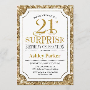 Surprise 21st Birthday Party - Gold White Invitation