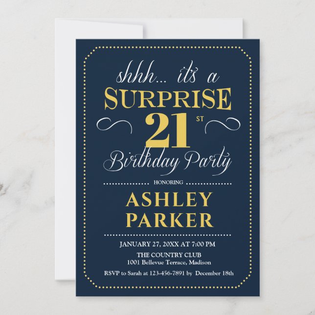 Surprise 21st Birthday Party - Navy Gold Invitation (Front)