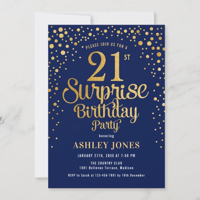 Surprise 21st Birthday Party - Navy & Gold Invitation (Front)