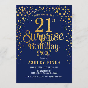 Surprise 21st Birthday Party - Navy & Gold Invitation
