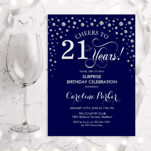Surprise 21st Birthday Party - Navy Silver Invitation