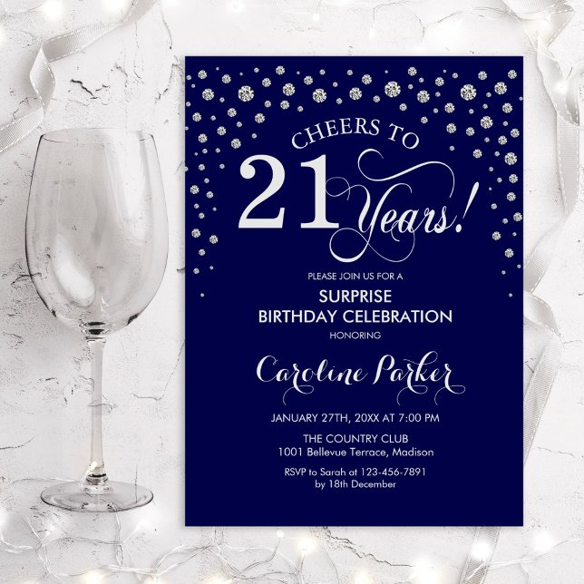Surprise 21st Birthday Party - Navy Silver Invitation (Creator Uploaded)