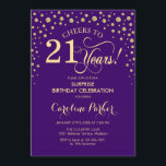 Surprise 21st Birthday Party - Purple Gold Invitation<br><div class="desc">Surprise 21st Birthday Party Invitation.
Elegant design in royal purple and faux glitter gold . Features script font and diamonds confetti. Cheers to 21 Years! Message me if you need further customization.</div>