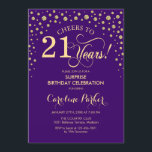 Surprise 21st Birthday Party - Purple Gold Invitation<br><div class="desc">Surprise 21st Birthday Party Invitation.
Elegant design in royal purple and faux glitter gold . Features script font and diamonds confetti. Cheers to 21 Years! Message me if you need further customization.</div>