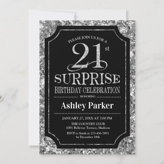 Surprise 21st Birthday Party - Silver Black Invitation (Front)