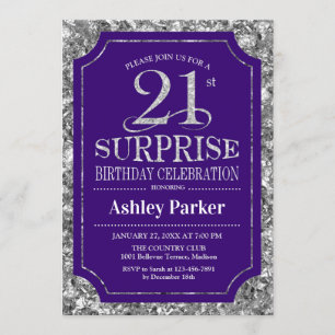 Surprise 21st Birthday Party - Silver Purple Invitation