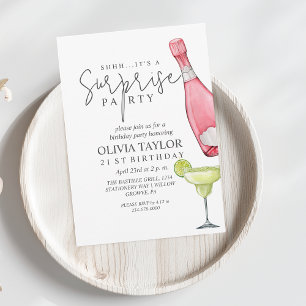 Surprise 21st Birthday Party White Pink Champagne Invitation
