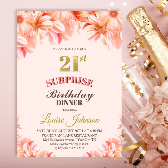 Surprise 21st Birthday Pink Gold Floral Dinner Invitation (Creator Uploaded)