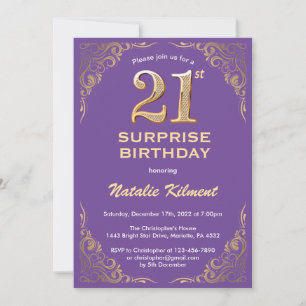 Surprise 21st Birthday Purple and Gold Glitter Invitation