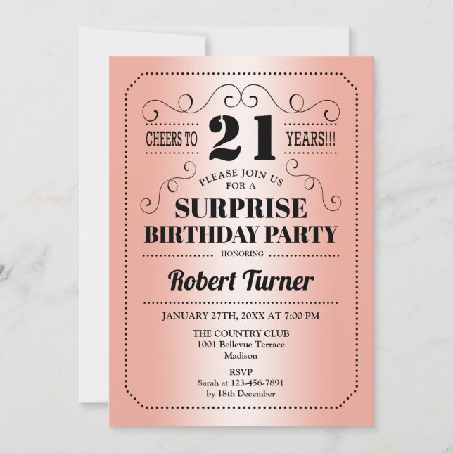 Surprise 21st Birthday - Rose Gold Black Invitation (Front)