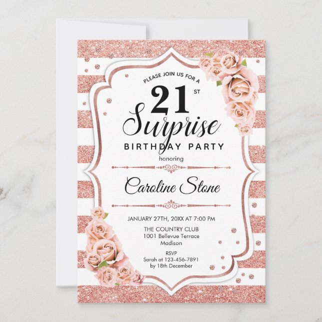 Surprise 21st Birthday - Rose Gold White Pink Invitation (Front)