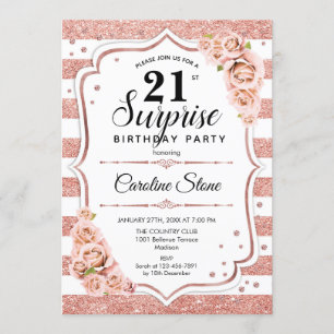 Surprise 21st Birthday - Rose Gold White Pink Invitation