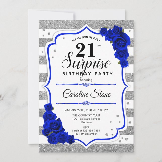 Surprise 21st Birthday - Silver White Royal Blue Invitation (Front)